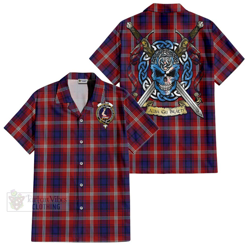 Tartan Vibes Clothing Ainslie Tartan Short Sleeve Button Shirt with Family Crest Celtic Skull Style