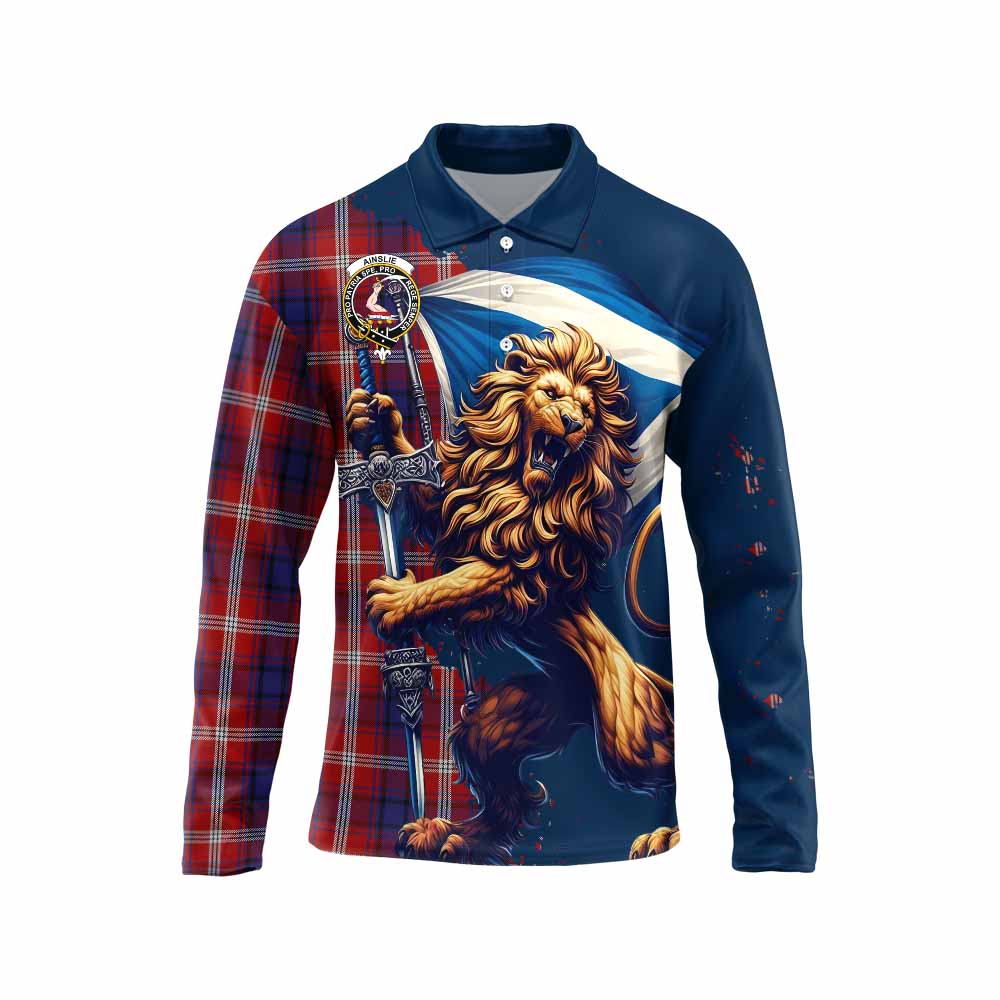 Tartan Vibes Clothing Ainslie Tartan Family Crest Long Sleeve Polo Shirt with Scottish Majestic Lion