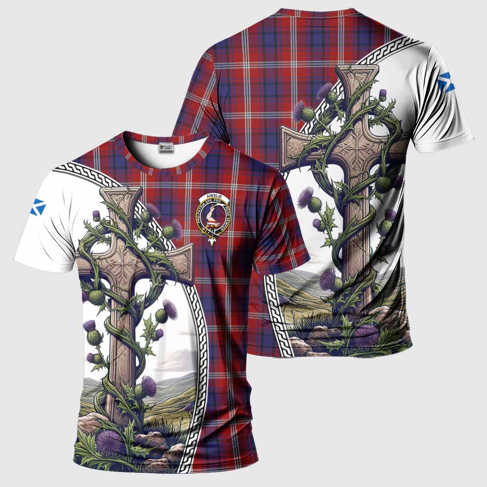 Tartan Vibes Clothing Ainslie Agnew Tartan T-Shirt with Family Crest and St. Andrew's Cross Accented by Thistle Vines