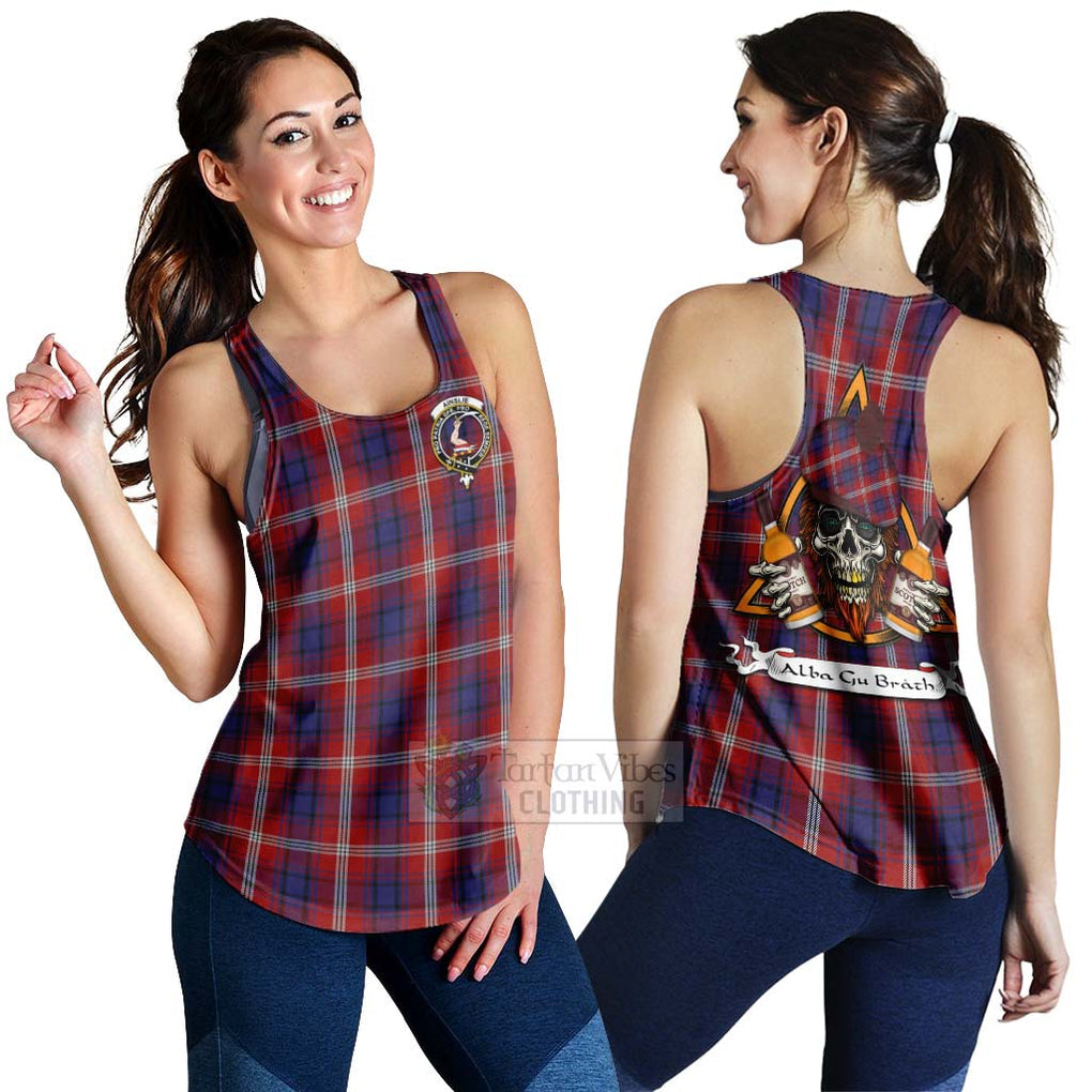 Tartan Vibes Clothing Ainslie Tartan Women's Racerback Tanks with Family Crest and Bearded Skull Holding Bottles of Whiskey