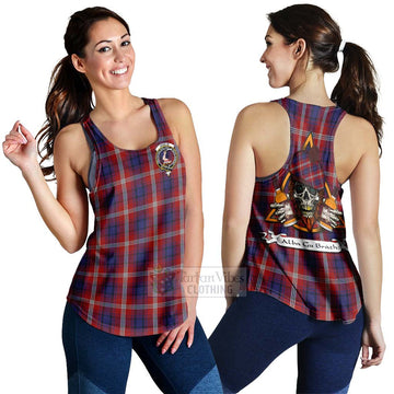 Ainslie Tartan Women's Racerback Tanks with Family Crest and Bearded Skull Holding Bottles of Whiskey