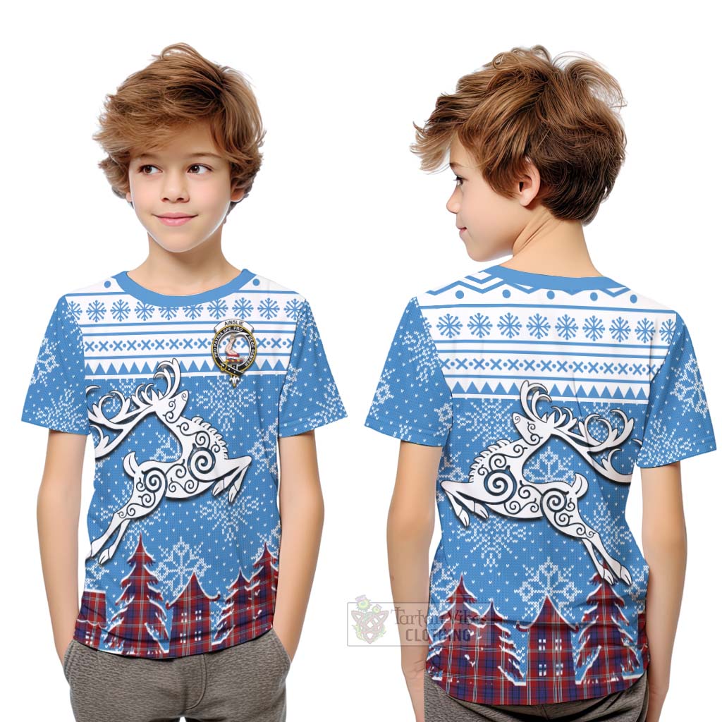 Tartan Vibes Clothing Ainslie Clan Christmas Kid T-Shirt Celtic Reindeer Style