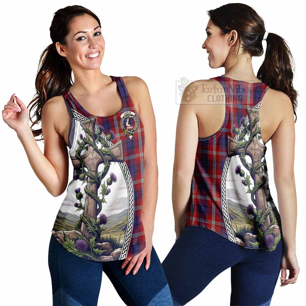 Tartan Vibes Clothing Ainslie Tartan Women's Racerback Tanks with Family Crest and St. Andrew's Cross Accented by Thistle Vines