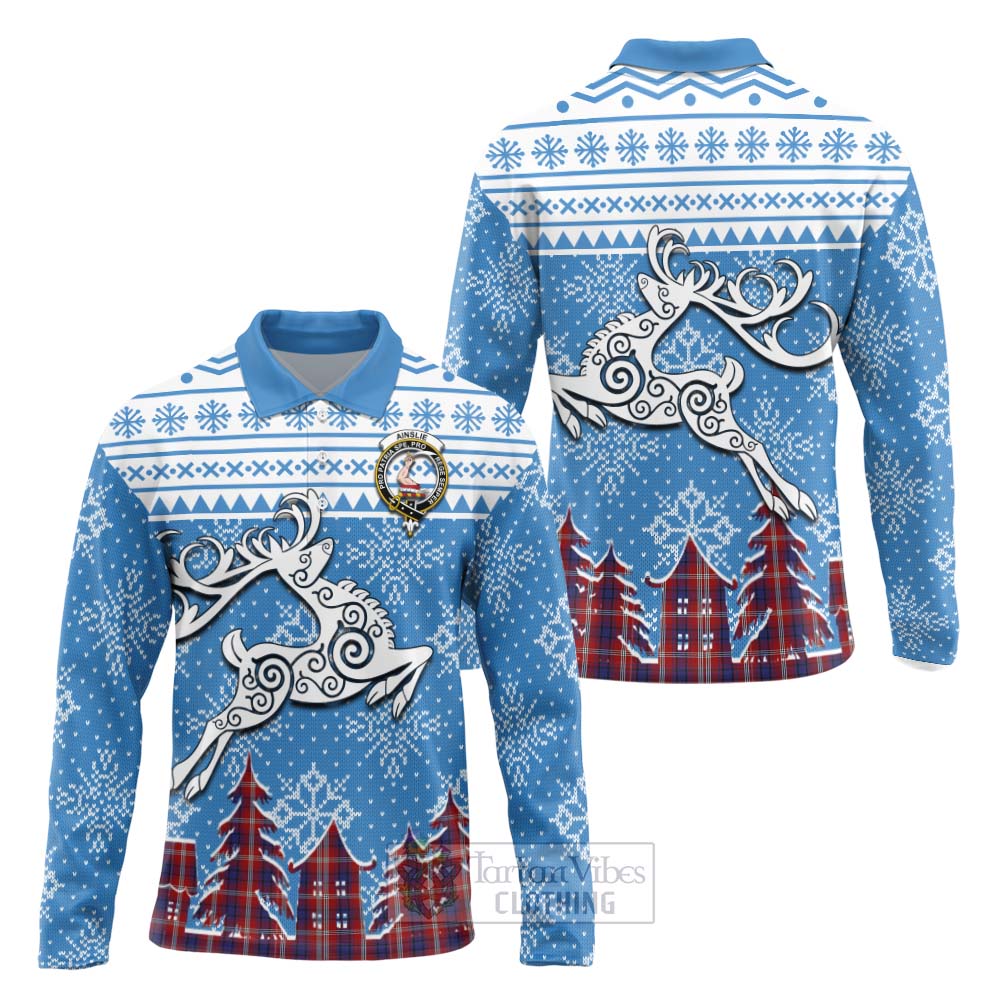 Tartan Vibes Clothing Ainslie Clan Christmas Long Sleeve Polo Shirt Celtic Reindeer Style