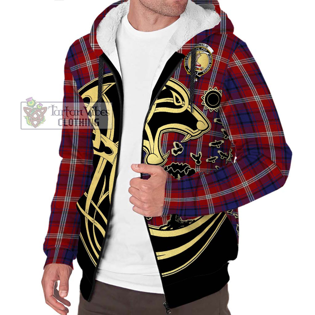 Ainslie Tartan Sherpa Hoodie with Family Crest Celtic Wolf Style Unisex S - Tartan Vibes Clothing