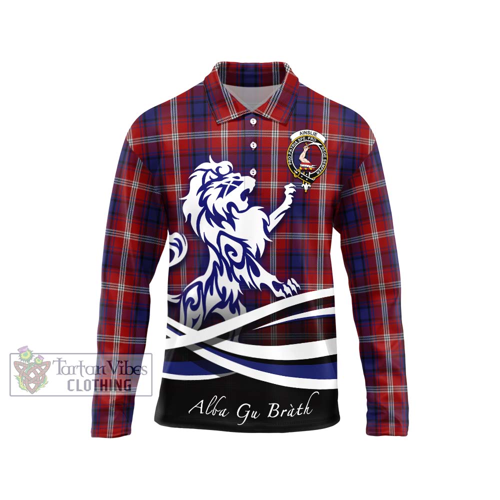 Ainslie Tartan Long Sleeve Polo Shirt with Alba Gu Brath Regal Lion Emblem Unisex - Tartanvibesclothing Shop