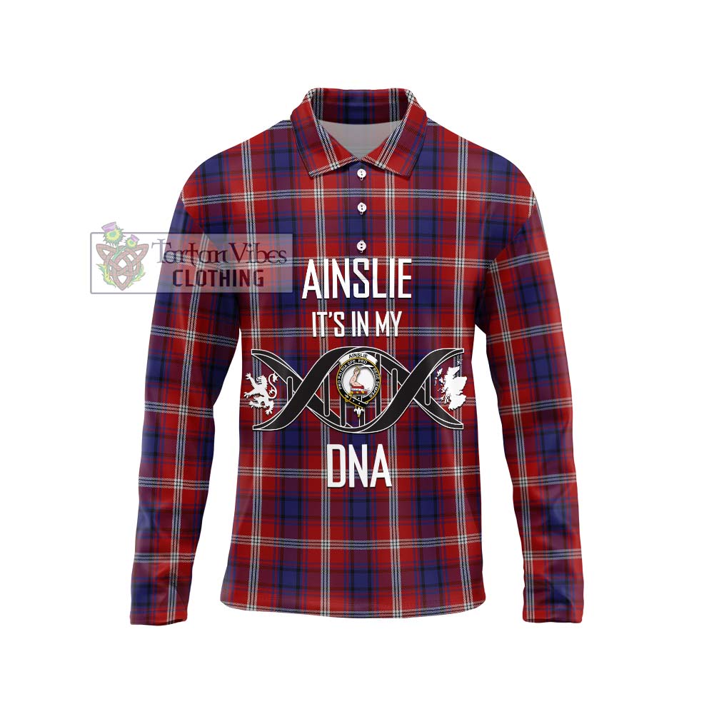 Ainslie Tartan Long Sleeve Polo Shirt with Family Crest DNA In Me Style Unisex - Tartanvibesclothing Shop