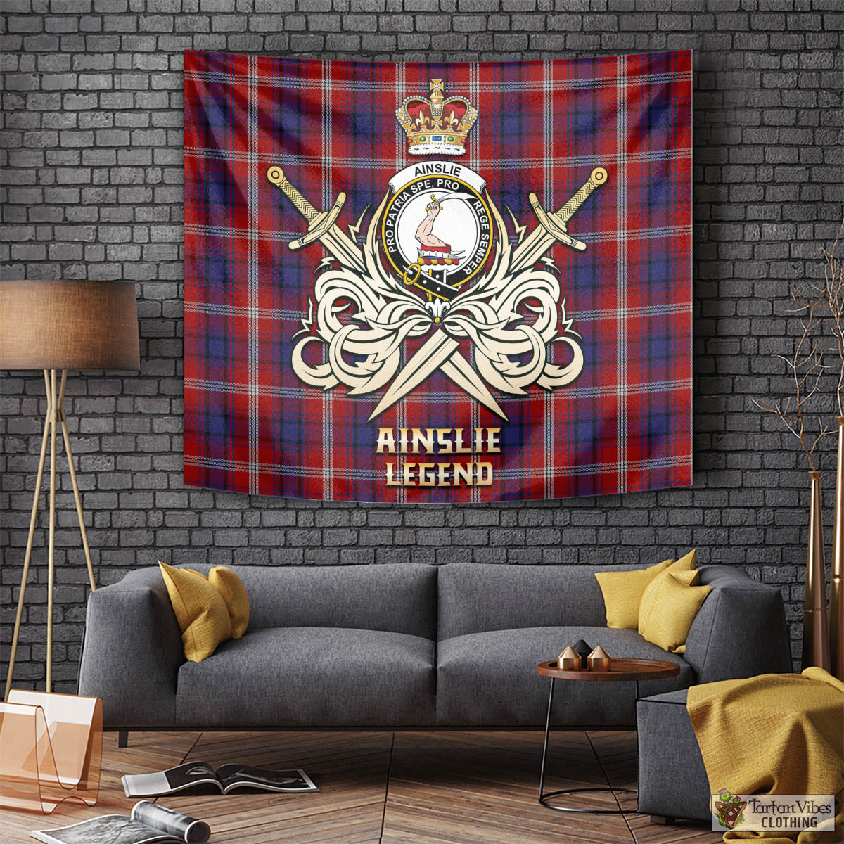 Tartan Vibes Clothing Ainslie Tartan Tapestry with Clan Crest and the Golden Sword of Courageous Legacy