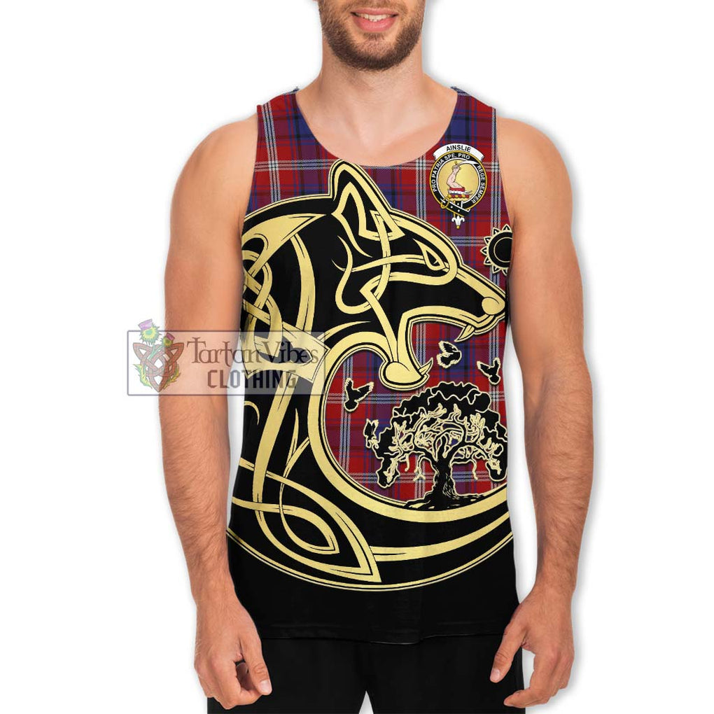 Ainslie Tartan Men's Tank Top with Family Crest Celtic Wolf Style Men - Tartan Vibes Clothing