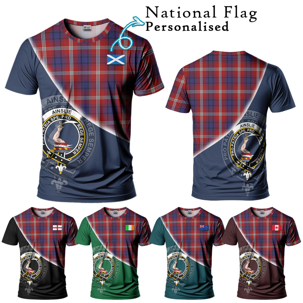 Ainslie Tartan T-Shirt with Personalised National Flag and Family Crest Half Style Kid's Shirt - Tartanvibesclothing Shop