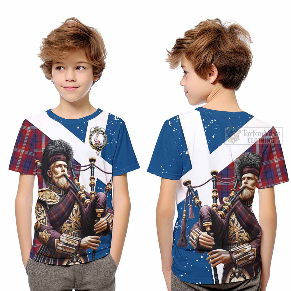 Tartan Vibes Clothing Ainslie Tartan Kid T-Shirt with Family Crest Scottish Bagpiper Vibes