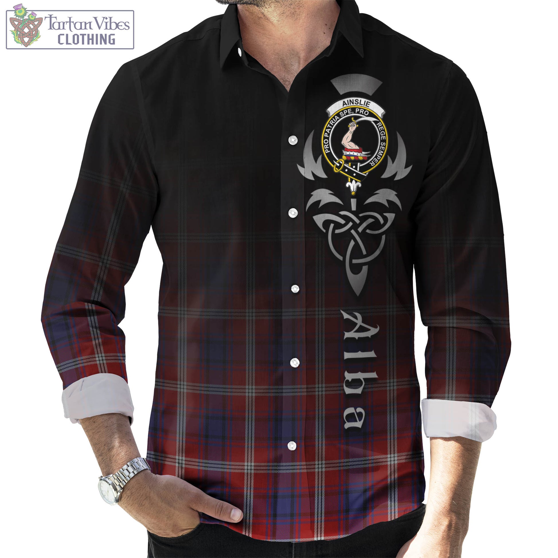 Tartan Vibes Clothing Ainslie Tartan Long Sleeve Button Up Featuring Alba Gu Brath Family Crest Celtic Inspired