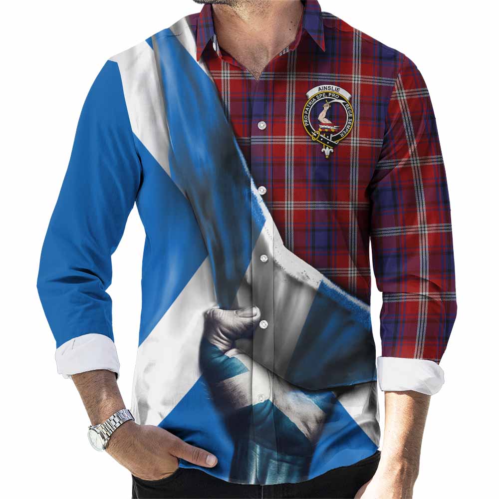 Tartan Vibes Clothing Ainslie Tartan Long Sleeve Button Shirt with Family Crest Scotland Patriotic Style