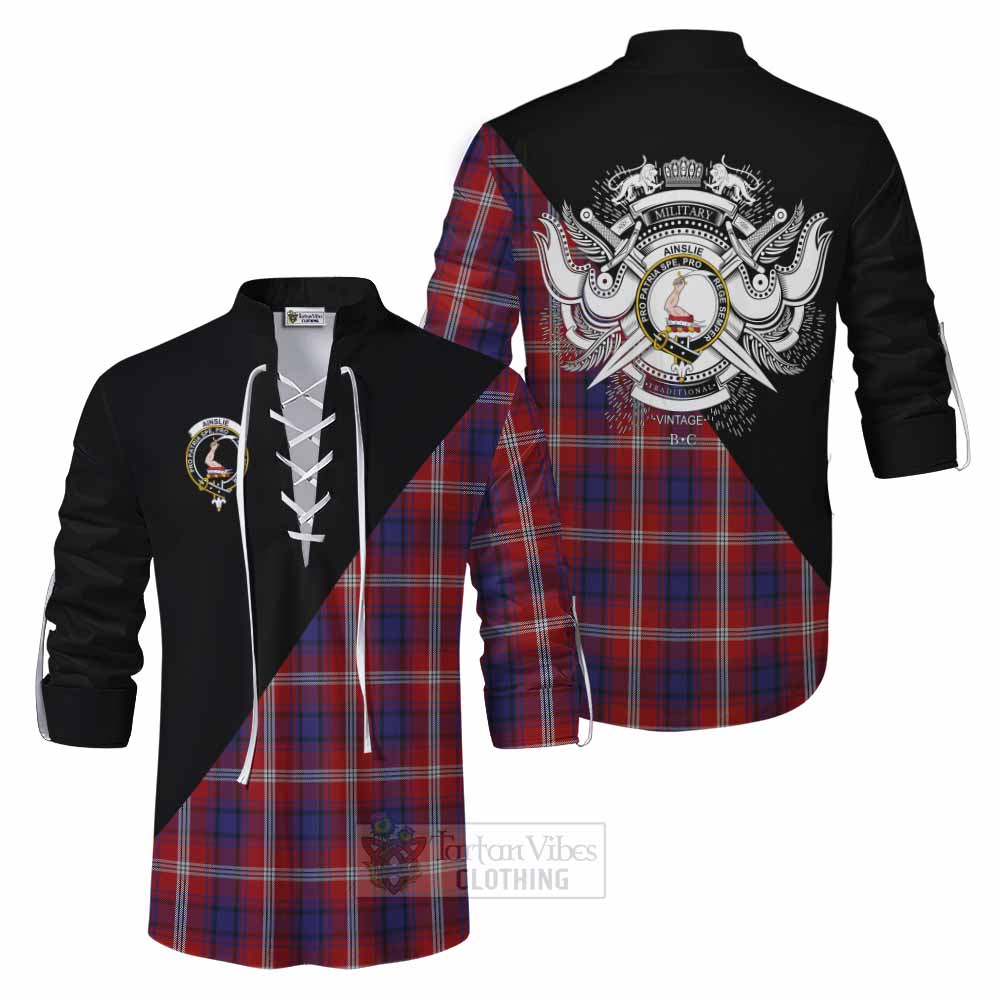 Tartan Vibes Clothing Ainslie Tartan Ghillie Kilt Shirt with Family Crest and Military Logo Style