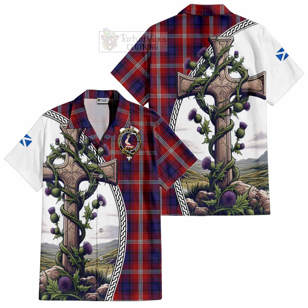 Tartan Vibes Clothing Ainslie Tartan Short Sleeve Button Shirt with Family Crest and St. Andrew's Cross Accented by Thistle Vines