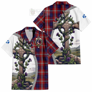 Ainslie Tartan Short Sleeve Button Shirt with Family Crest and St. Andrew's Cross Accented by Thistle Vines