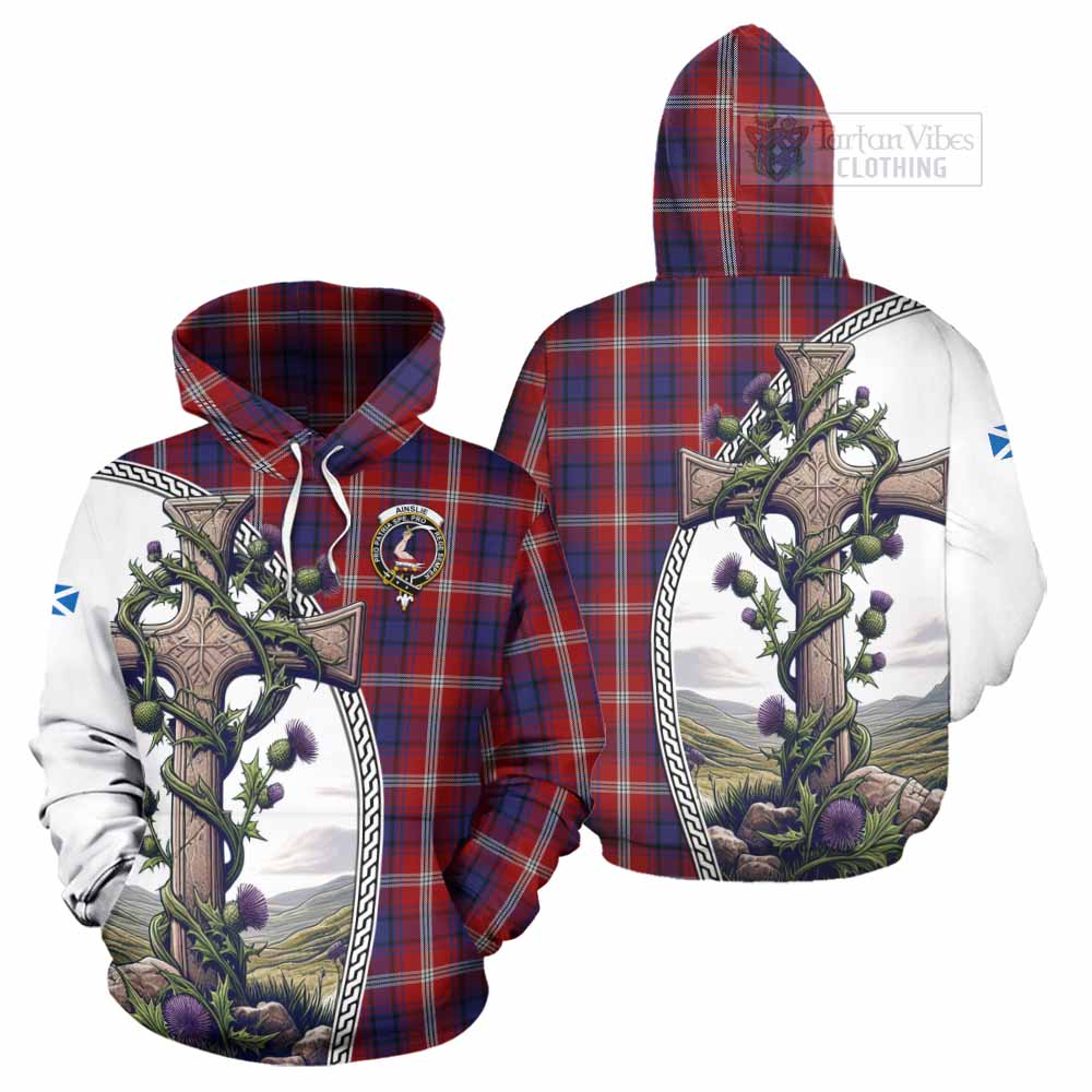 Tartan Vibes Clothing Ainslie Tartan Hoodie with Family Crest and St. Andrew's Cross Accented by Thistle Vines