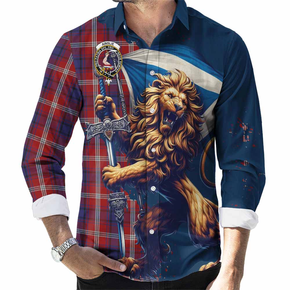 Tartan Vibes Clothing Ainslie Tartan Family Crest Long Sleeve Button Shirt with Scottish Majestic Lion