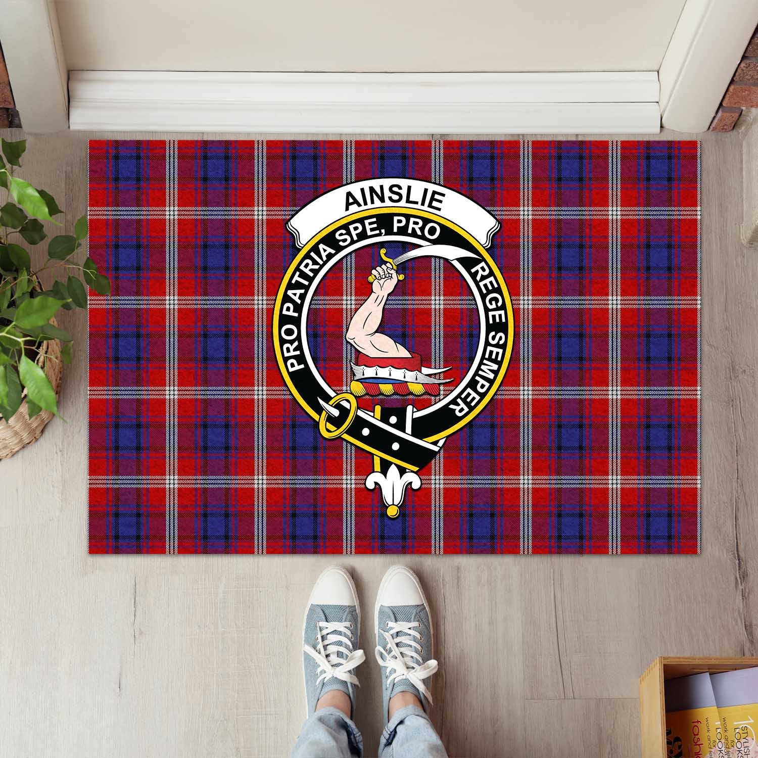 Ainslie Tartan Door Mat with Family Crest - Tartanvibesclothing