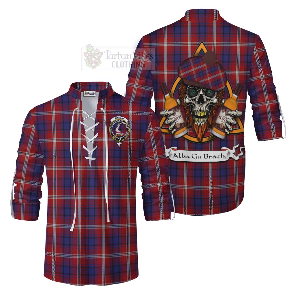 Tartan Vibes Clothing Ainslie Tartan Ghillie Kilt Shirt with Family Crest and Bearded Skull Holding Bottles of Whiskey