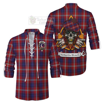 Ainslie Tartan Ghillie Kilt Shirt with Family Crest and Bearded Skull Holding Bottles of Whiskey