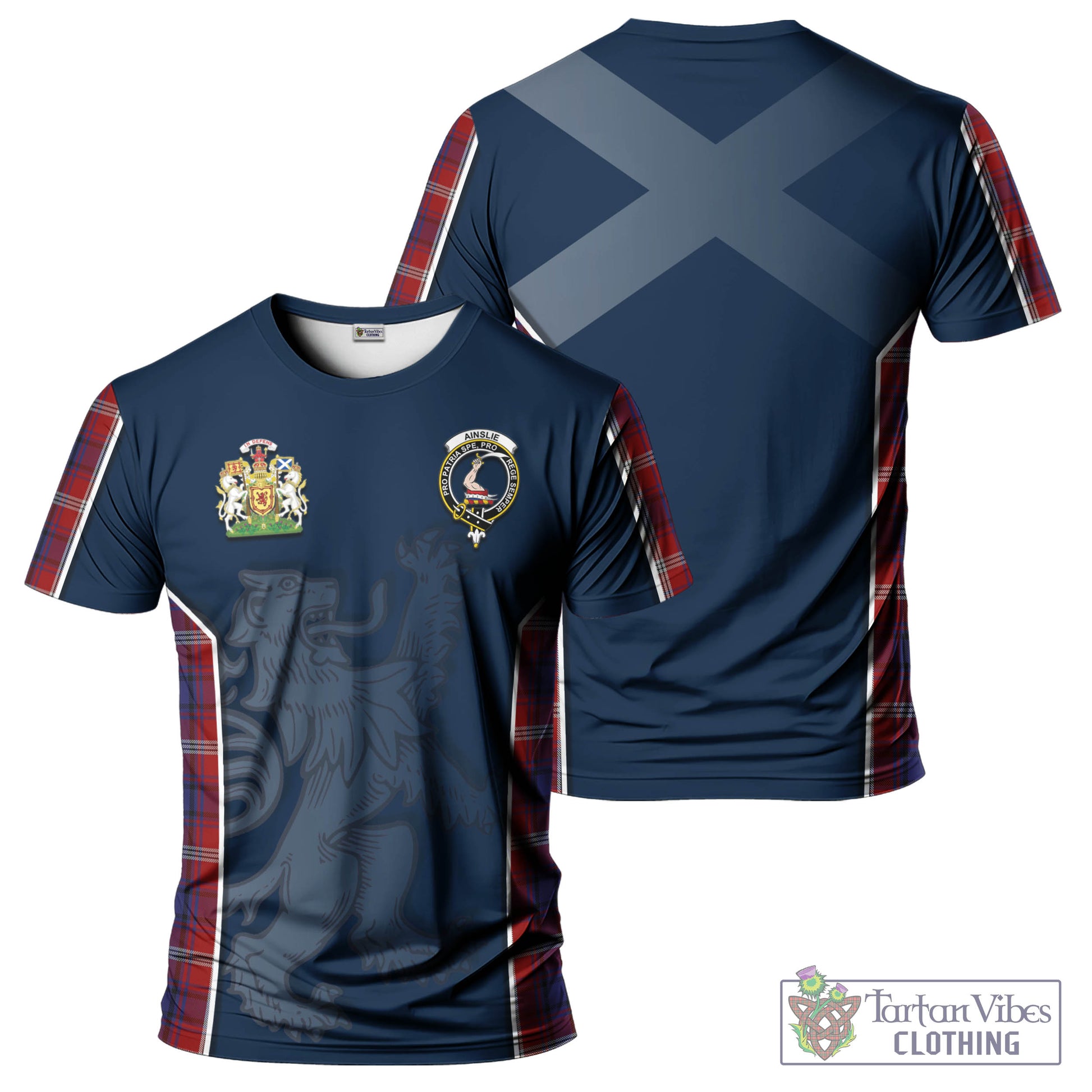 Tartan Vibes Clothing Ainslie Tartan T-Shirt with Family Crest and Lion Rampant Vibes Sport Style