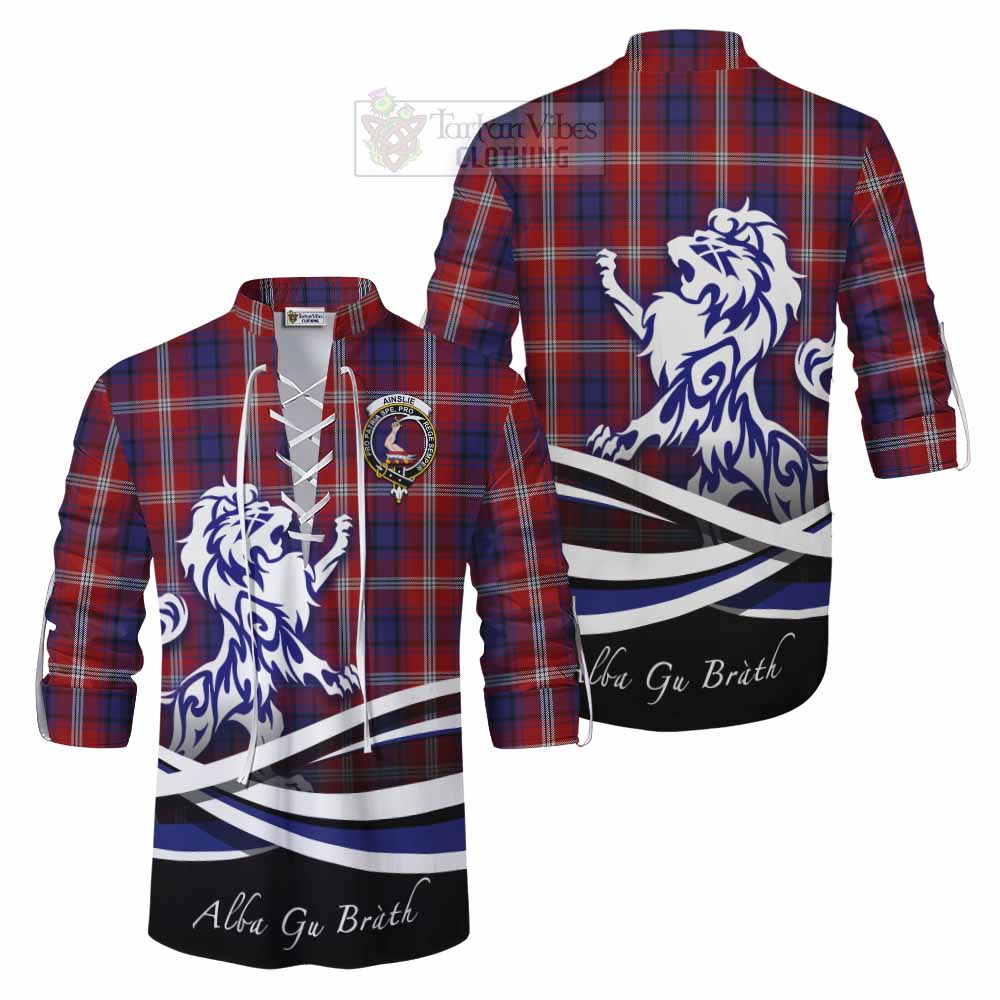 Tartan Vibes Clothing Ainslie Tartan Ghillie Kilt Shirt with Alba Gu Brath Regal Lion Emblem