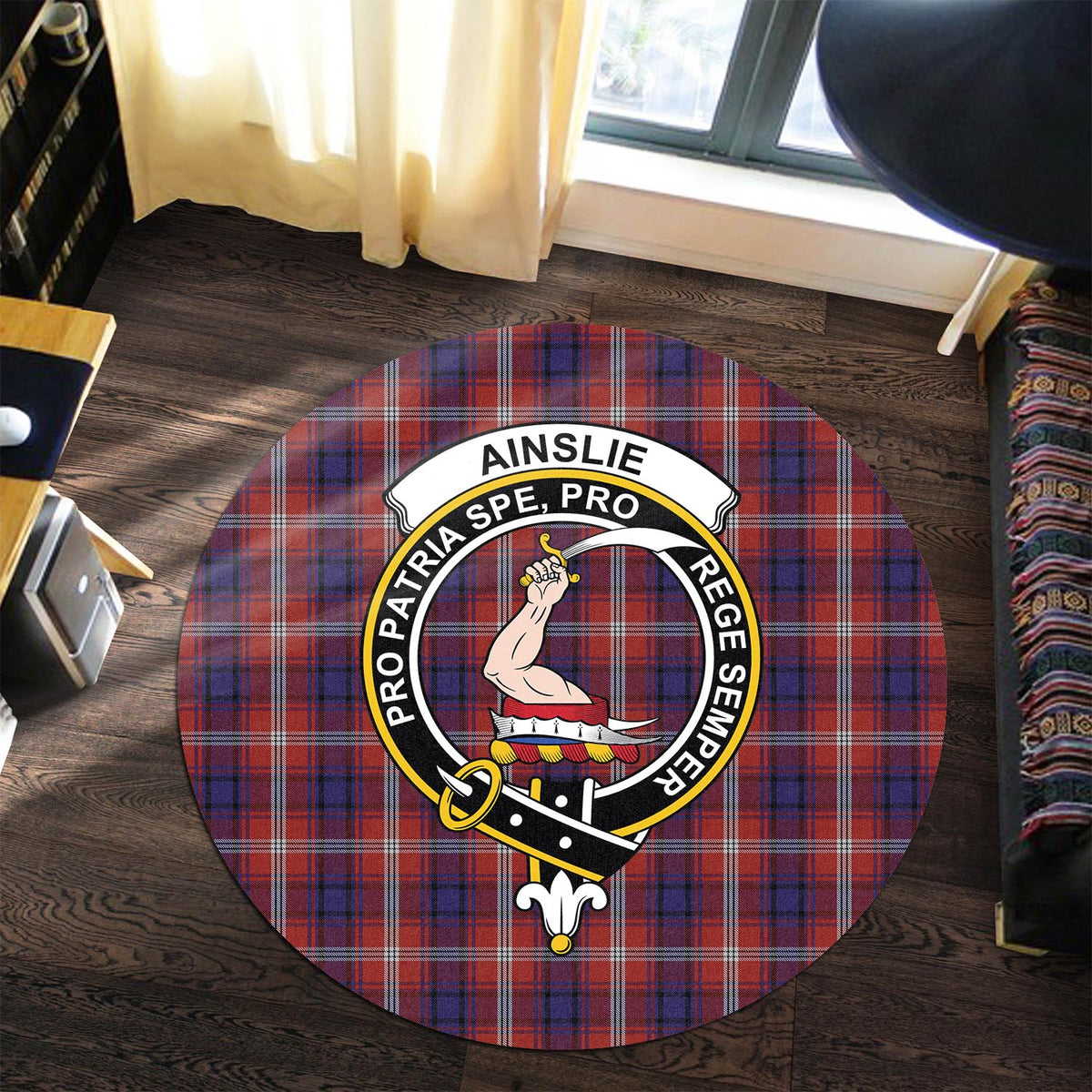 Ainslie Tartan Round Rug with Family Crest Premium Round Rug - Tartan Vibes Clothing