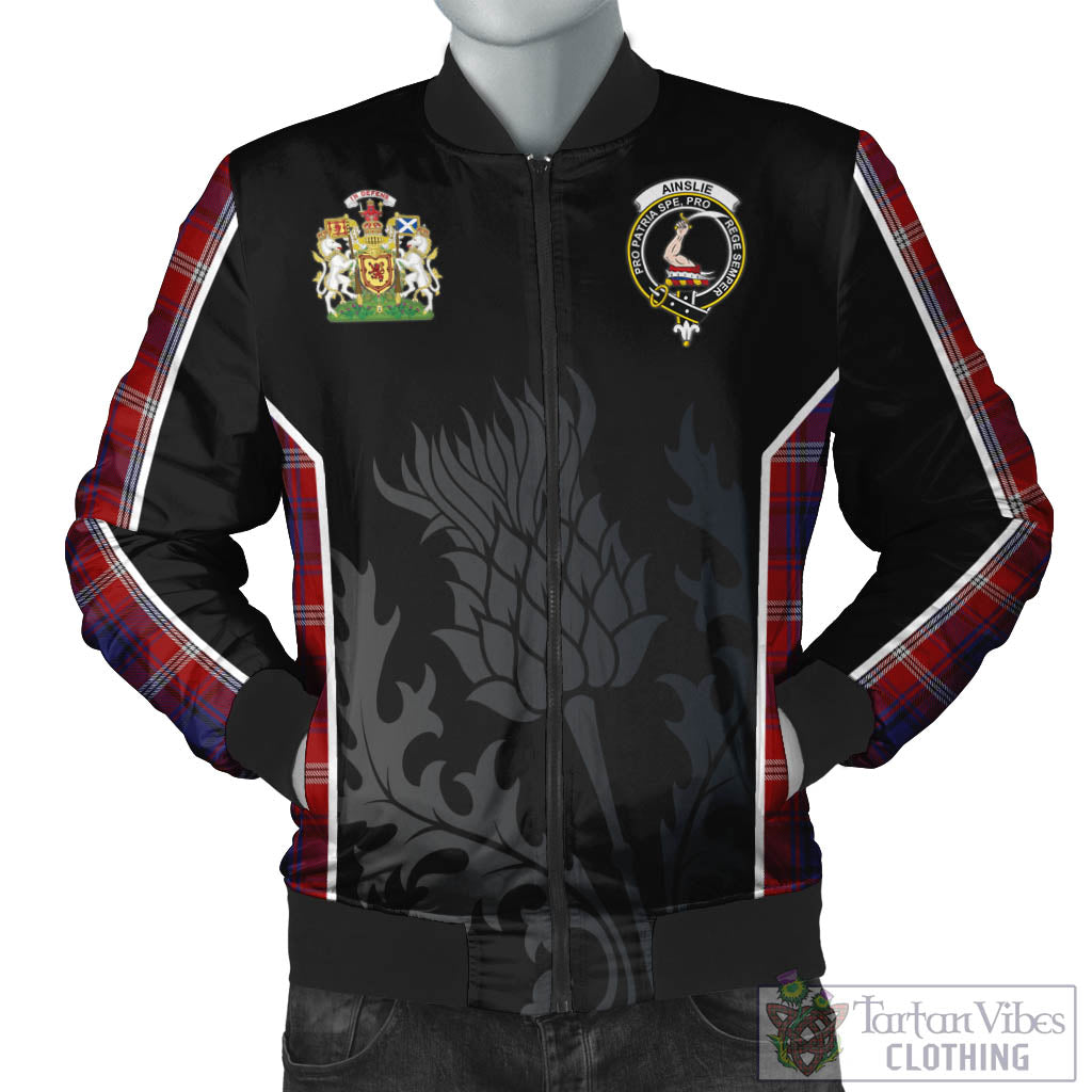 Tartan Vibes Clothing Ainslie Tartan Bomber Jacket with Family Crest and Scottish Thistle Vibes Sport Style