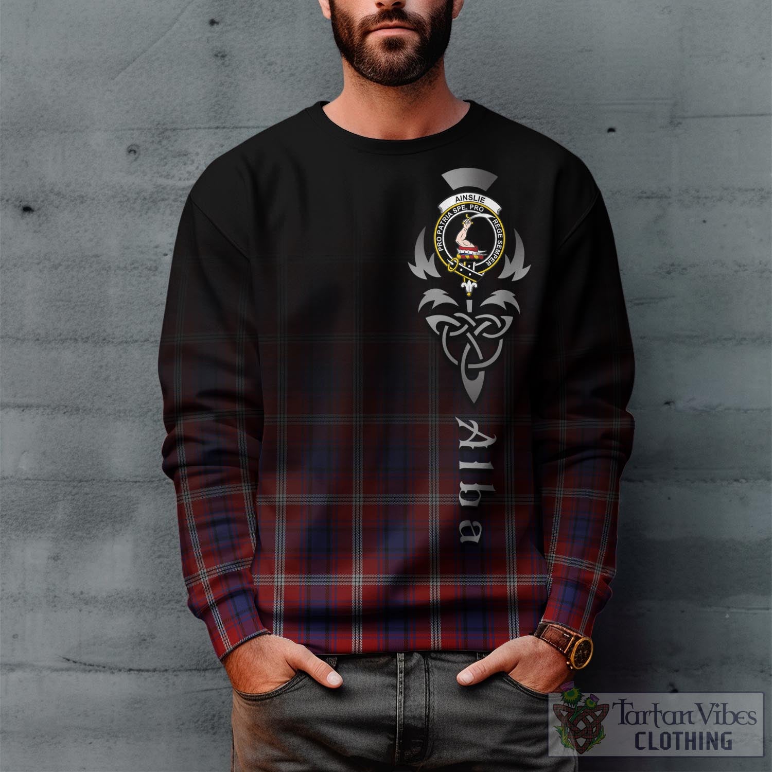 Tartan Vibes Clothing Ainslie Tartan Sweatshirt Featuring Alba Gu Brath Family Crest Celtic Inspired