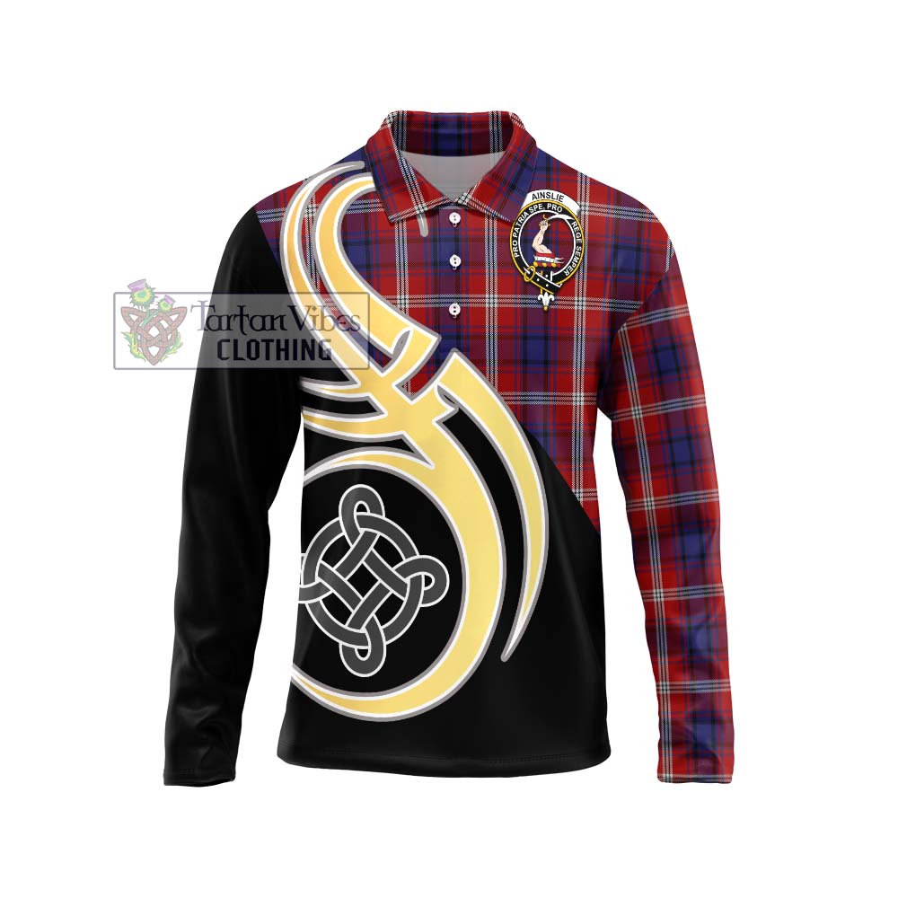 Ainslie Tartan Long Sleeve Polo Shirt with Family Crest and Celtic Symbol Style Unisex - Tartan Vibes Clothing