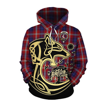 Ainslie Tartan Cotton Hoodie with Family Crest Celtic Wolf Style