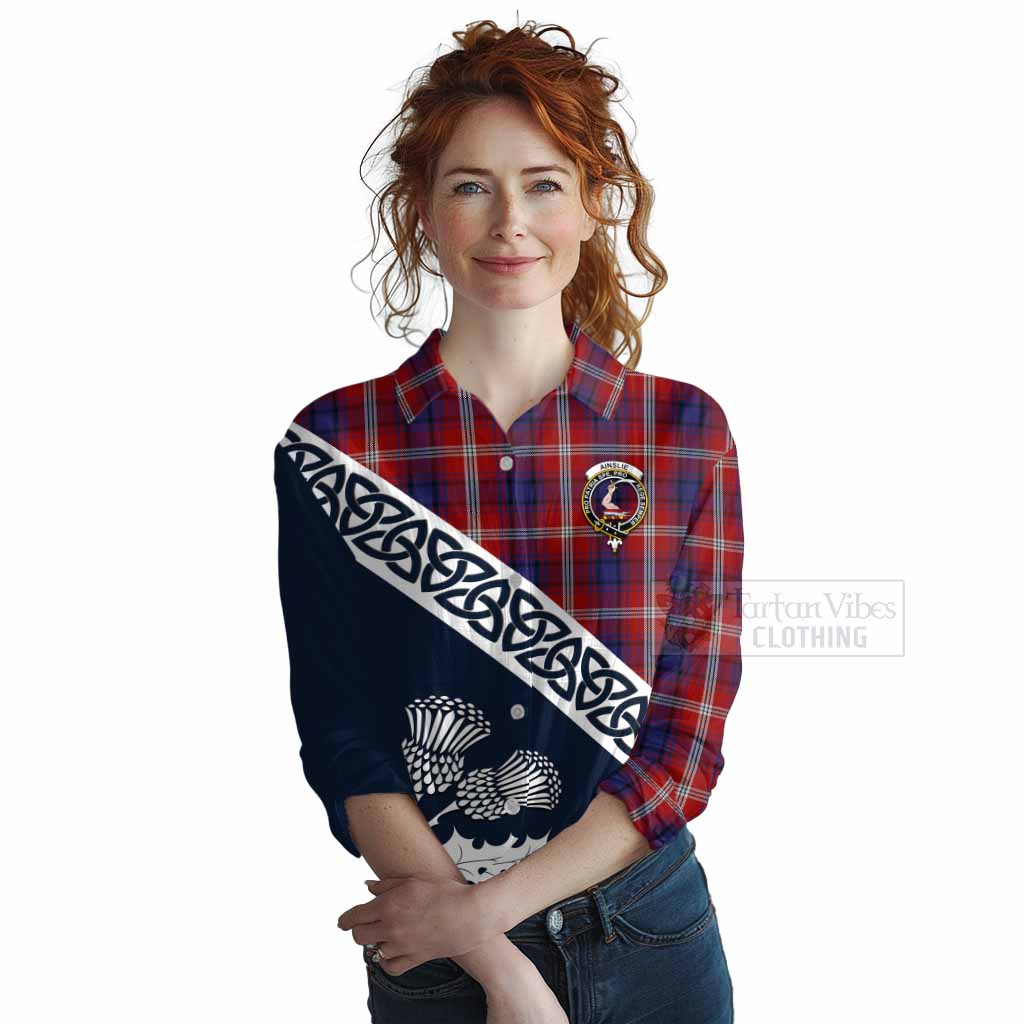 Tartan Vibes Clothing Ainslie Tartan Women's Casual Shirt Featuring Thistle and Scotland Map