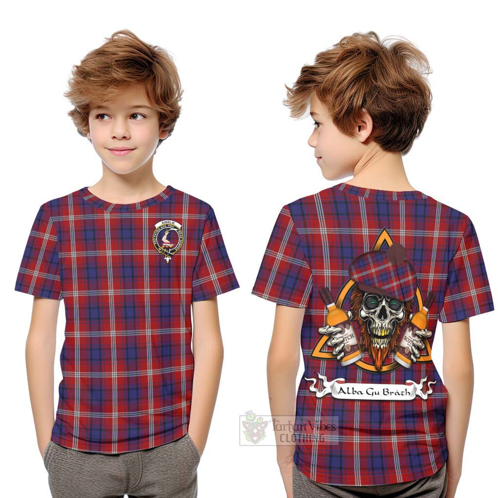 Tartan Vibes Clothing Ainslie Tartan Kid T-Shirt with Family Crest and Bearded Skull Holding Bottles of Whiskey