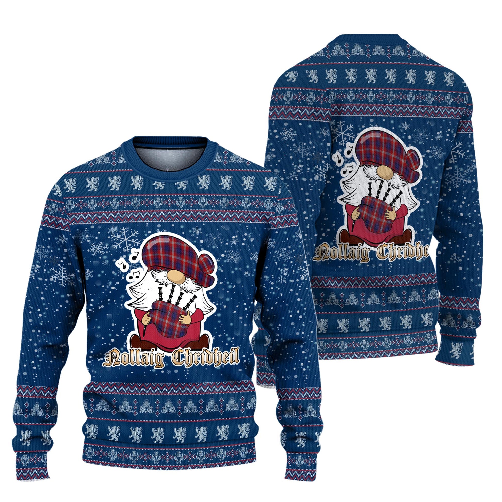 Ainslie Clan Christmas Family Knitted Sweater with Funny Gnome Playing Bagpipes Unisex Blue - Tartanvibesclothing