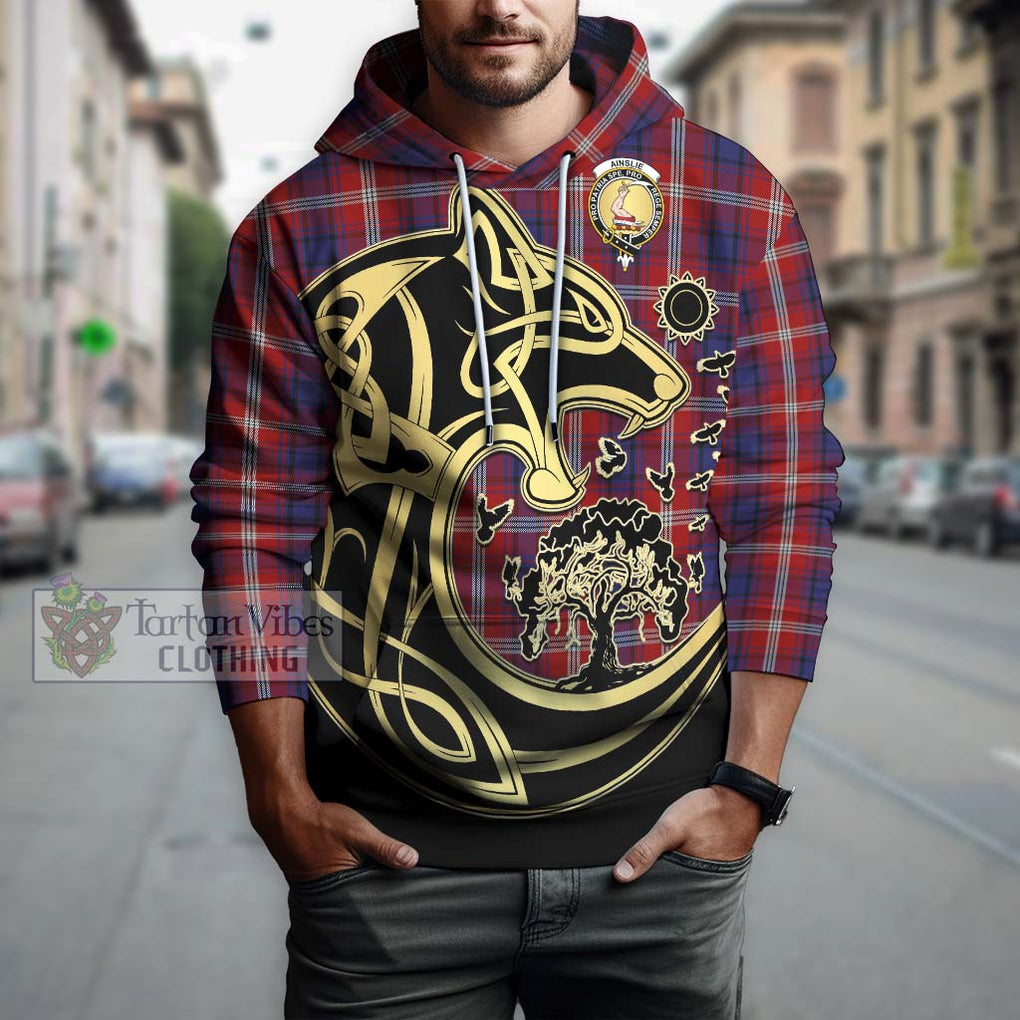 Ainslie Tartan Hoodie with Family Crest Celtic Wolf Style Zip Hoodie - Tartan Vibes Clothing