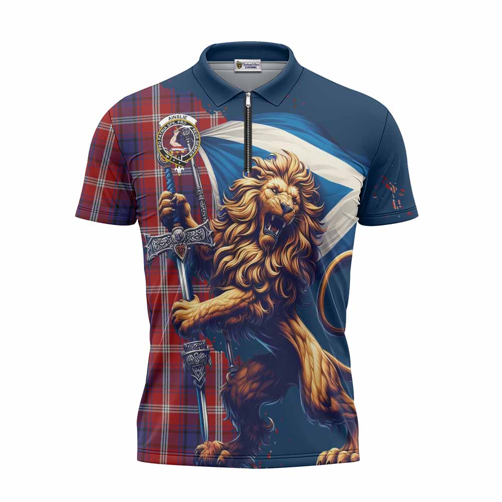 Tartan Vibes Clothing Ainslie Tartan Family Crest Zipper Polo Shirt with Scottish Majestic Lion