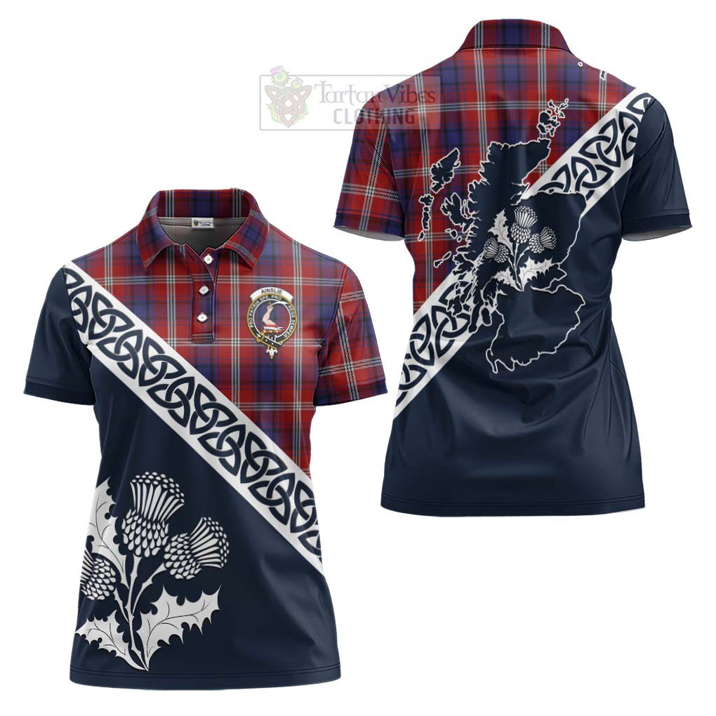 Tartan Vibes Clothing Ainslie Tartan Women's Polo Shirt Featuring Thistle and Scotland Map