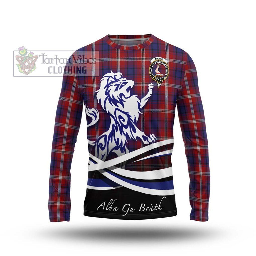 Ainslie Tartan Long Sleeve T-Shirt with Alba Gu Brath Regal Lion Emblem Unisex - Tartanvibesclothing Shop