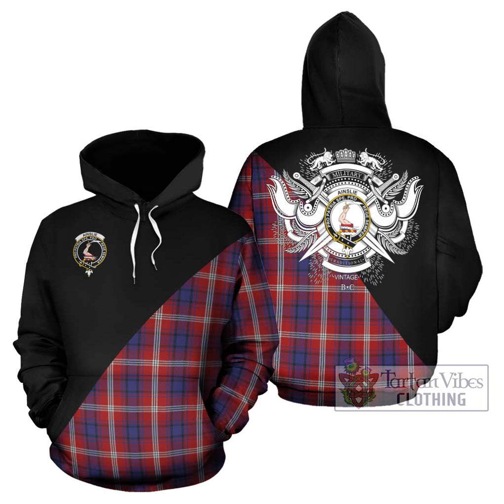 Ainslie Tartan Hoodie with Family Crest and Military Logo Style Zip Hoodie - Tartanvibesclothing Shop