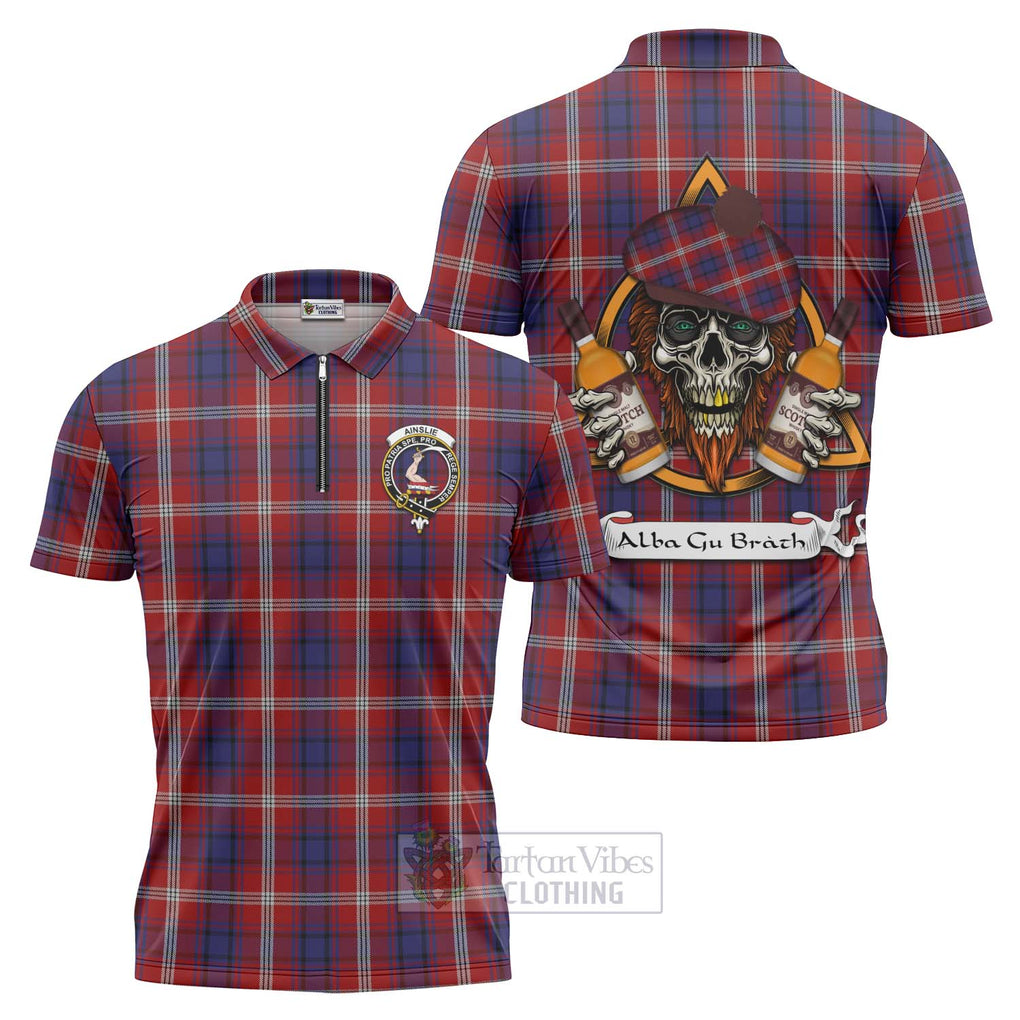 Tartan Vibes Clothing Ainslie Tartan Zipper Polo Shirt with Family Crest and Bearded Skull Holding Bottles of Whiskey