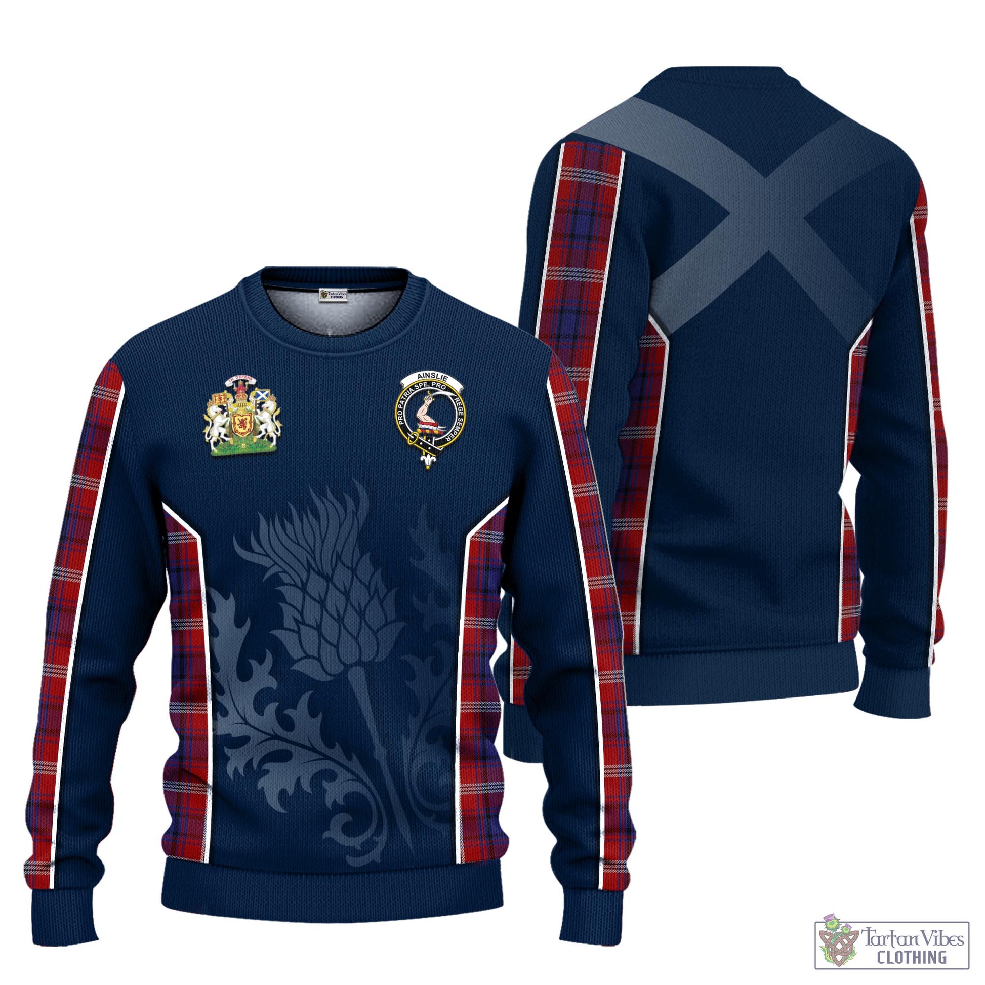 Tartan Vibes Clothing Ainslie Tartan Knitted Sweatshirt with Family Crest and Scottish Thistle Vibes Sport Style