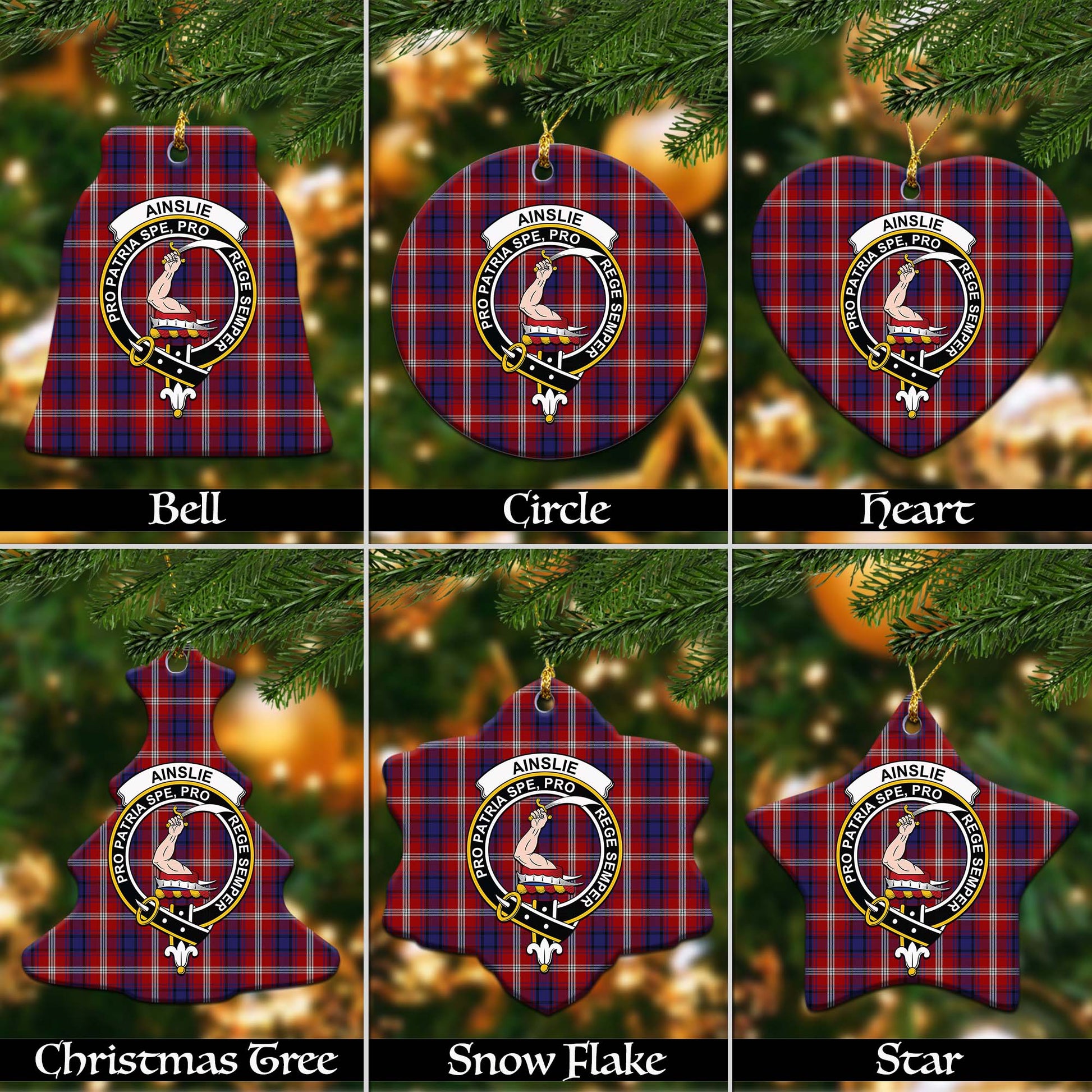 Ainslie Tartan Christmas Ornaments with Family Crest Ceramic Bell Pack 1: ornament * 1 piece - Tartanvibesclothing