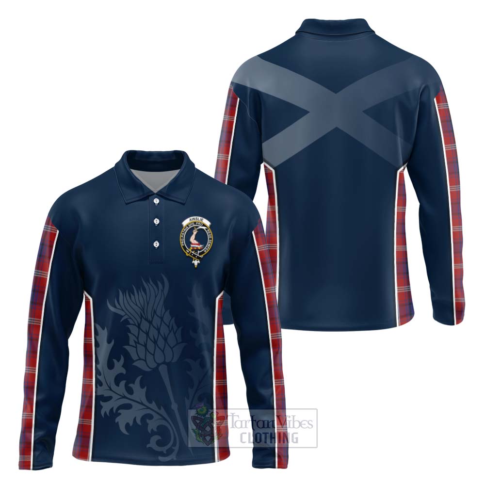 Tartan Vibes Clothing Ainslie Tartan Long Sleeve Polo Shirt with Family Crest and Scottish Thistle Vibes Sport Style