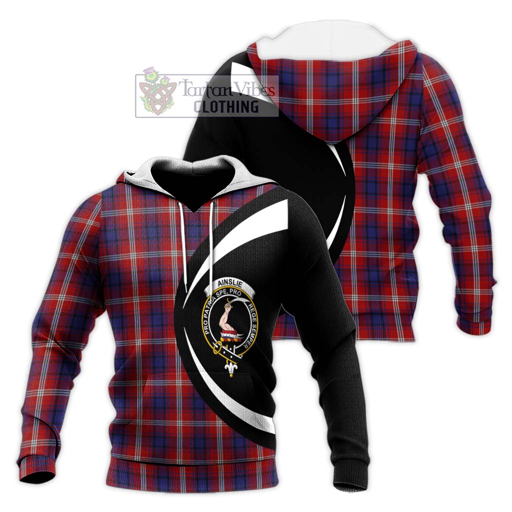 Ainslie Tartan Knitted Hoodie with Family Crest Circle Style Unisex Knitted Pullover Hoodie - Tartan Vibes Clothing