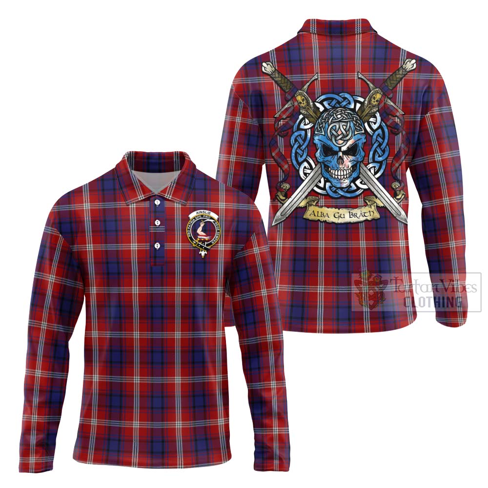 Tartan Vibes Clothing Ainslie Tartan Long Sleeve Polo Shirt with Family Crest Celtic Skull Style