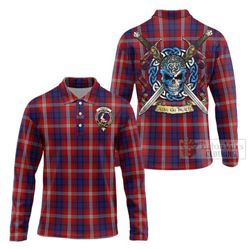 Ainslie Tartan Long Sleeve Polo Shirt with Family Crest Celtic Skull Style