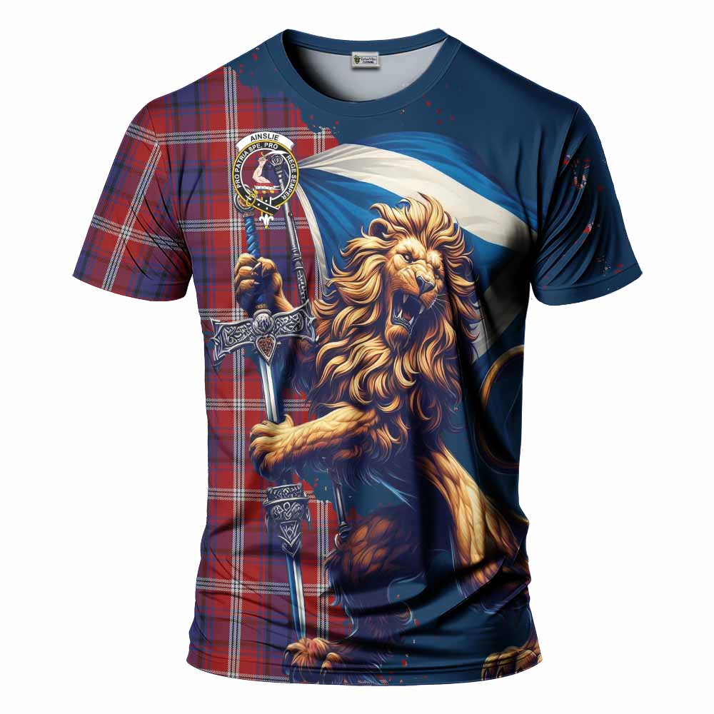 Tartan Vibes Clothing Ainslie Tartan Family Crest T-Shirt with Scottish Majestic Lion