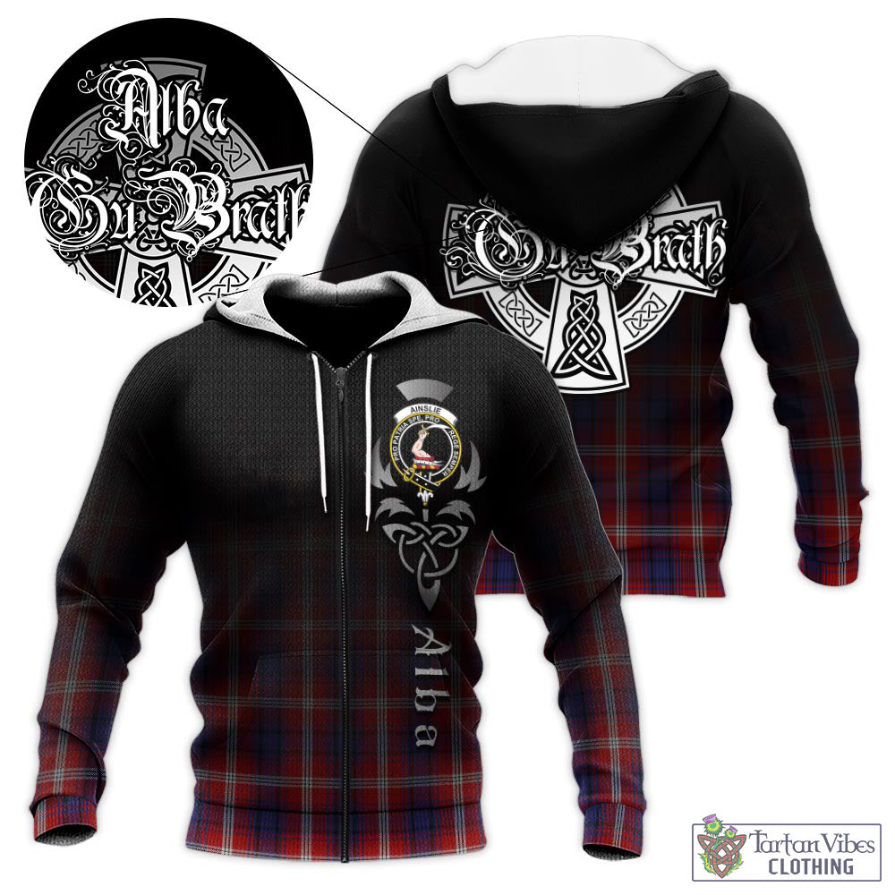 Tartan Vibes Clothing Ainslie Tartan Knitted Hoodie Featuring Alba Gu Brath Family Crest Celtic Inspired