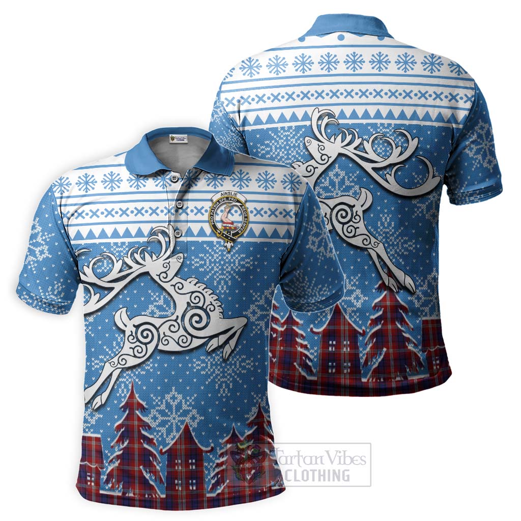 Tartan Vibes Clothing Ainslie Clan Christmas Polo Shirt Celtic Reindeer Style